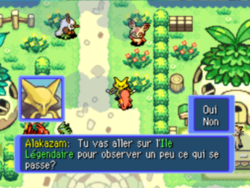 Alakazam demande au joueur de vérifier ce qui se passe sur l'Île Légendaire