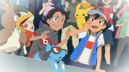 Fichier:LV082 - Canarticho et Lapyro de Goh et Riolu et Pikachu de Sacha (Flash-back).png