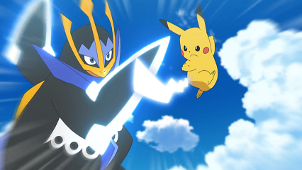 Fichier:SL143 - Pingoléon du Professeur Euphorbe et Pikachu de Sacha (Flash-back).png