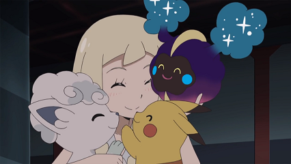 Fichier:SL050 - Goupix d'Alola de Lilie, Pikachu de Sacha et Cosmog (Flash-back).png