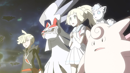 Fichier:SL055 - Silvallié de Gladio, Goupix d'Alola de Lilie et Mélodelfe d'Elsa-Mina (Flash-back).png