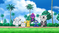 Goupix d'Alola (de Lilie), Togedemaru (de Chrys), Pikachu (de Sacha), Vémini (de Sacha), Otaquin (de Néphie) et Ossatueur d'Alola (de Kiawe)