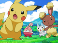 Pikachu (de Sacha), Ptiravi (de Pierre), Pachirisu (d'Aurore) et Laporeille (d'Aurore)