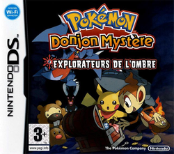 Carmache, en arrière-plan de la boîte de jeu de Pokémon Donjon Mystère : Explorateurs de l'Ombre
