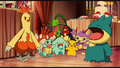 Galifeu, Carapuce et Goinfrex (de Flora), Écrapince, Phanpy, Massko, Hélédelle, Pikachu (de Sacha) et Mew (sauvage) (transformé en Capumain)