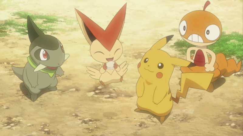 Fichier:Coupenotte d'Iris, Pikachu et Baggiguane de Sacha - Film 14 flashback.png