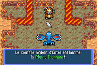 La Plume Diaphane se transformant en Plume Vermillon dans Pokémon Donjon Mystère : Équipe de Secours Rouge et Bleue.