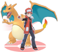 Red sous son premier Look Ultime et Dracaufeu dans Pokémon Masters EX.