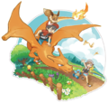 Artwork de Dracaufeu chevauché pour Pokémon : Let's Go, Pikachu et Let's Go, Évoli.