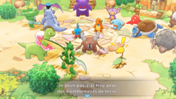 L'équipe de secours épuisée et hors de combat. Les Pokémon discutent pour choisir qui partira dans le donjon.