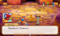 Le groupe d'Arkéapti retrouve le groupe du joueur grâce à Dedenne…