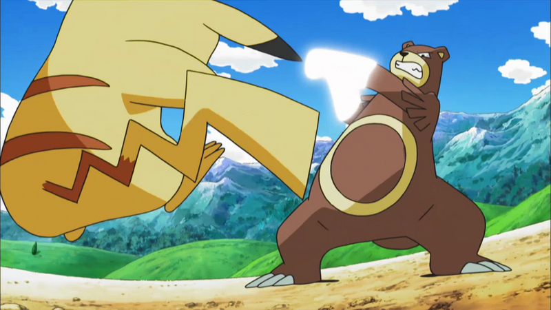 Fichier:DP141 - Pikachu de Sacha et Ursaring de Paul (Flash-back).png