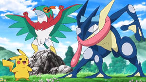 XY104 - Pikachu, Brutalibré et Amphinobi de Sacha.png