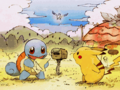 Artwork de Pikachu et Carapuce, qui lit le courrier reçu par Bekipan