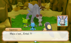 … ils découvrent Entei, complètement pétrifié.