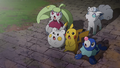 Candine (de Barbara), Togedemaru (de Chrys), Pikachu (de Sacha), Goupix d'Alola (de Lilie) et Otaquin (de Néphie)