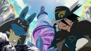 Lucario et le Seigneur Aaron examinant une fleur du temps.png