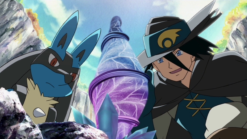 Fichier:Lucario et le Seigneur Aaron examinant une fleur du temps.png