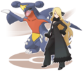 Cynthia avec sa tenue canonique et Carchacrok dans Pokémon Masters EX.