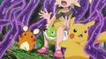 Dedenne (de Lem), Pouic/Z1 (Zygarde, forme cœur, rouge) (sauvage) et Pikachu (de Sacha)