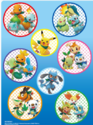 Artwork rassemblant les Pokémon de départ de Pokémon Méga Donjon Mystère par génération avec Pikachu et Riolu au centre.