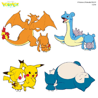 Dracaufeu, Lokhlass, Pikachu et Ronflex