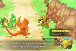 Alakazam demande au joueur de vérifier ce qui se passe sur l'Île Légendaire