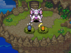 Palkia arrive à la Falaise Sharpedo pendant la nuit et enlève le héros et son partenaire.