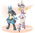 Cornélia et Lucario dans Pokémon Masters EX.