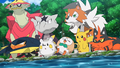 Boumata (de Kiawe), Ossatueur d'Alola (de Kiawe), Lucanon (de Chrys), Togedemaru (de Chrys), Brindibou (de Sacha), Meltan (de Sacha), Lougaroc (de Sacha), Pikachu (de Sacha) et Matoufeu (de Sacha)