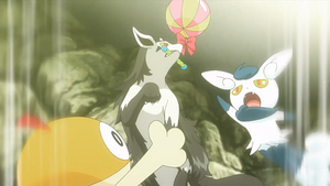 XY091 - Baggiguane de Sirella, Grahyèna d'une Artiste Pokémon et Mistigrix de Blondine.png