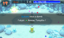 Suicune leur donne ainsi l'Anneau Tempête, et se « connecte » ensuite à l'équipe.