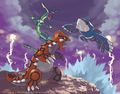 Rayquaza intervenant dans le duel opposant Groudon et Kyogre.