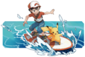 Pikachu et son Dresseur surfant sur les eaux.