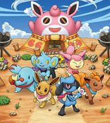 L'artwork des nouveaux Pokémon de départ et de Skitty devant la guilde.