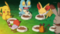 Pikachu (de Sacha), Passerouge (de Sacha), Grenousse (de Sacha), Dedenne (de Lem), Sapereau (de Lem) et Feunnec (de Serena)